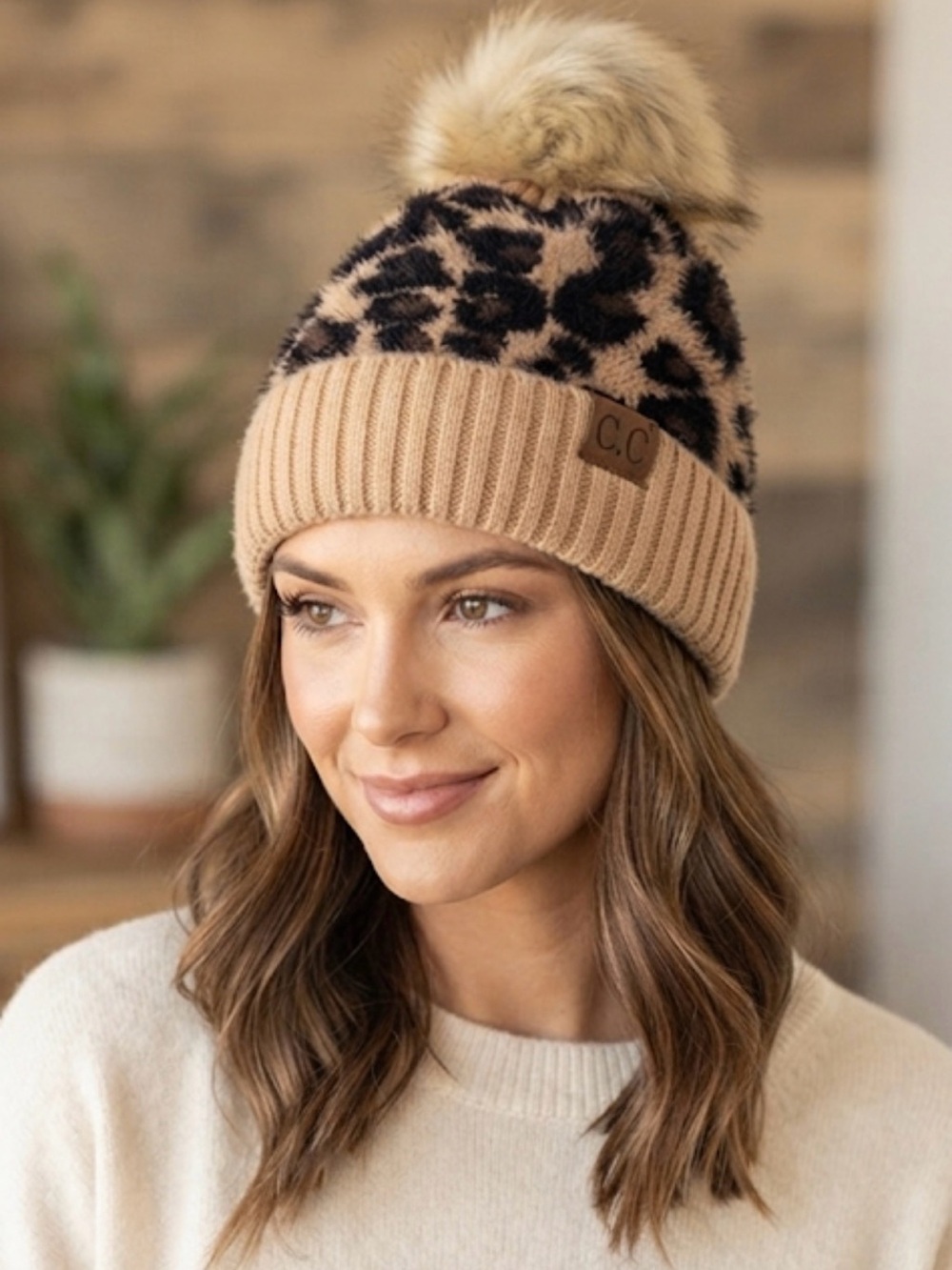 C.C Leopard Print Beanie with Faux Fur Pom